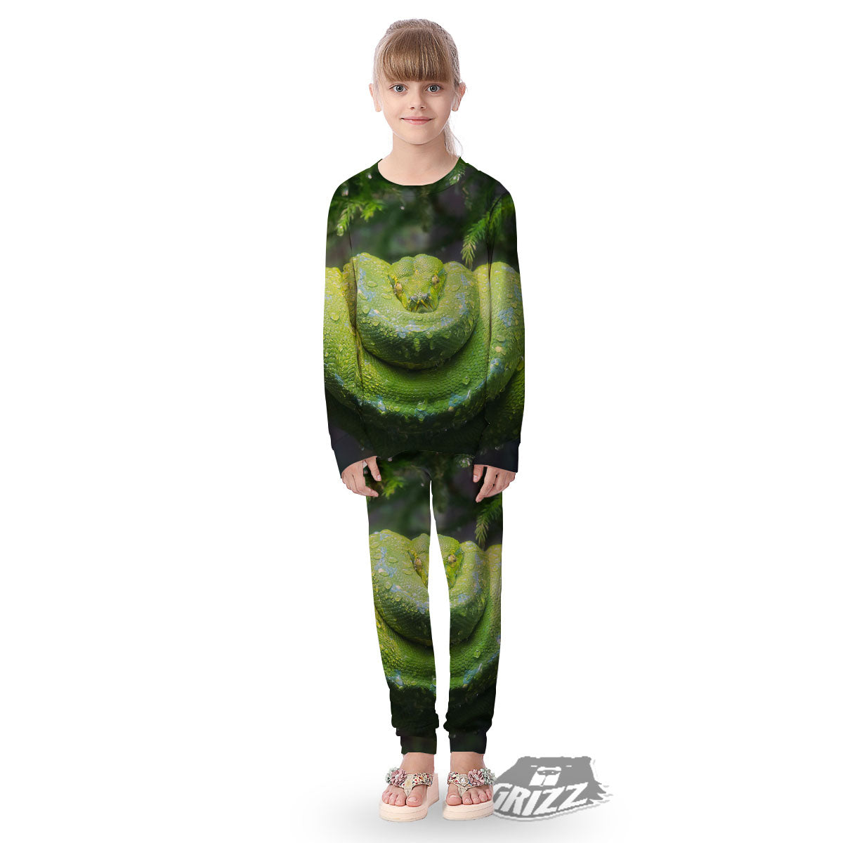 Python Snake Green Tree Print Kid's Pajamas-grizzshop