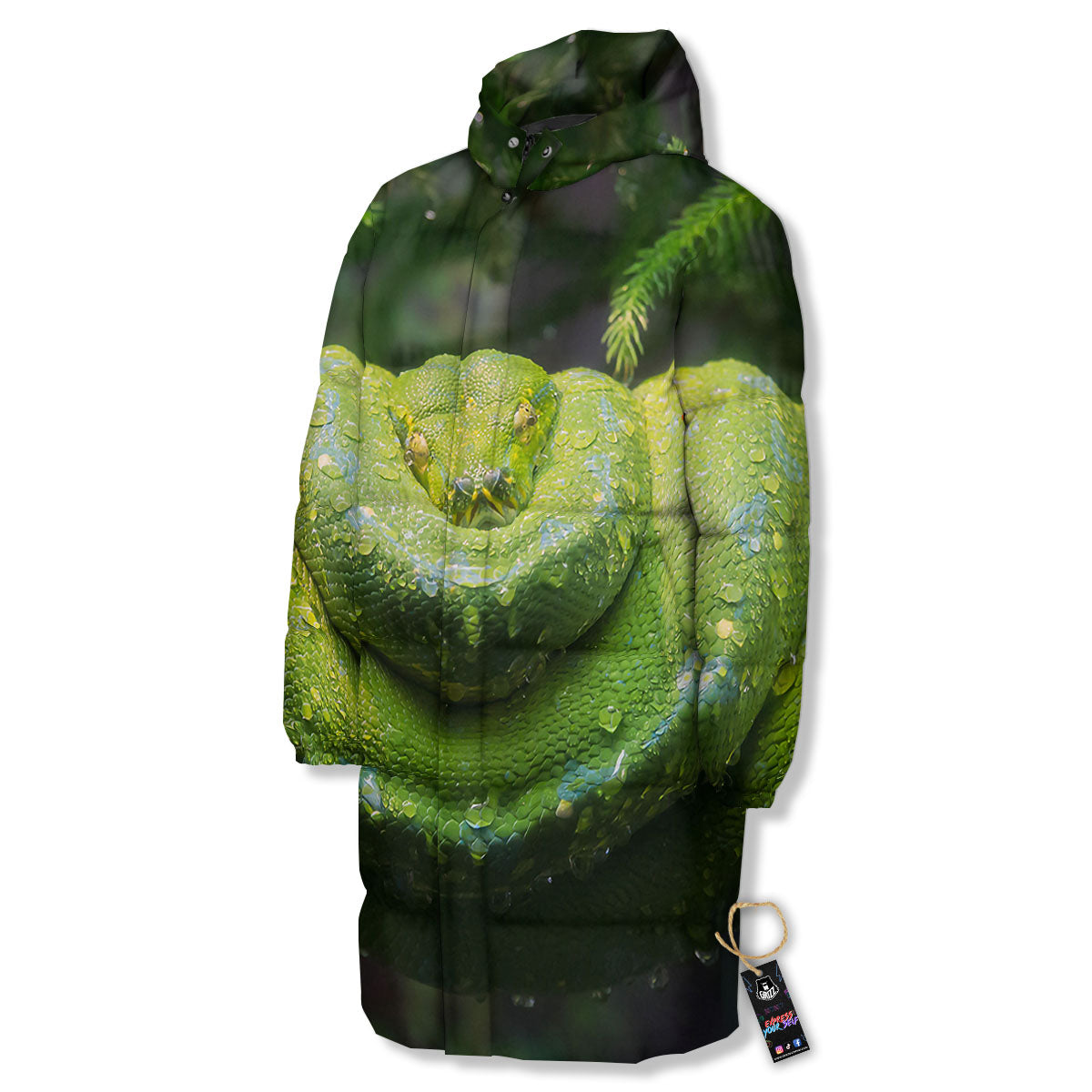 Python Snake Green Tree Print Long Down Jacket-grizzshop