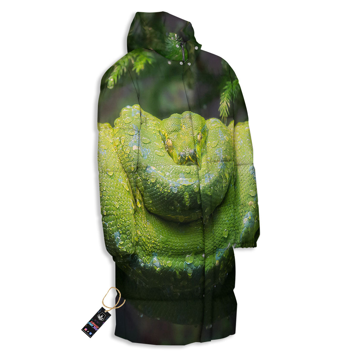Python Snake Green Tree Print Long Down Jacket-grizzshop