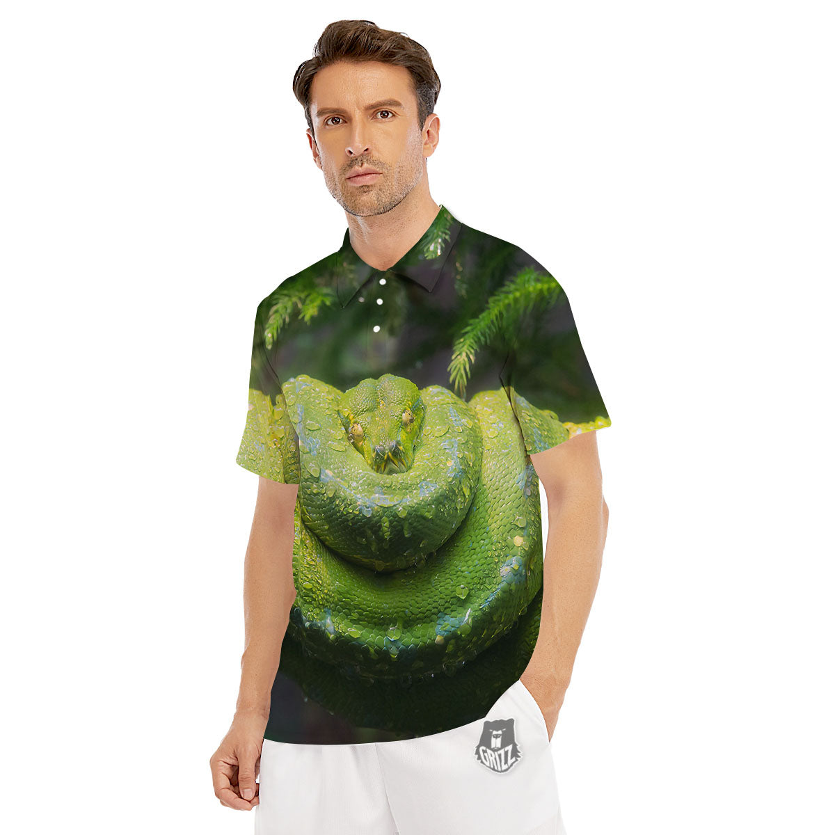 Python Snake Green Tree Print Men's Golf Shirts-grizzshop
