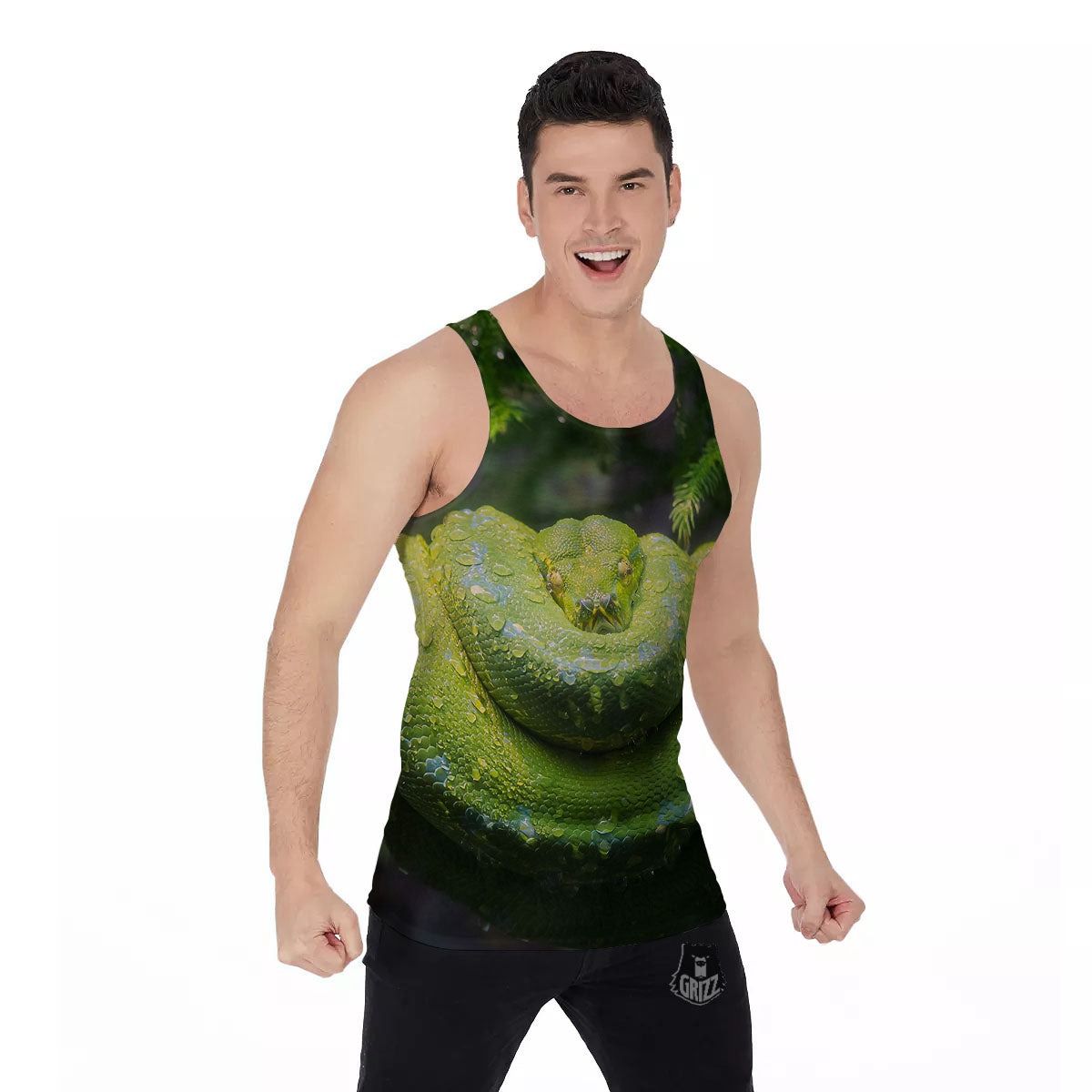 Python Snake Green Tree Print Men's Tank Top-grizzshop