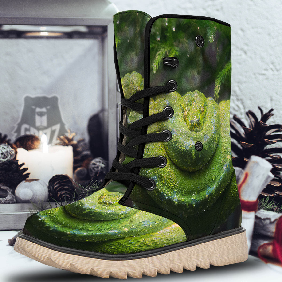 Python Snake Green Tree Print Snow Boots-grizzshop