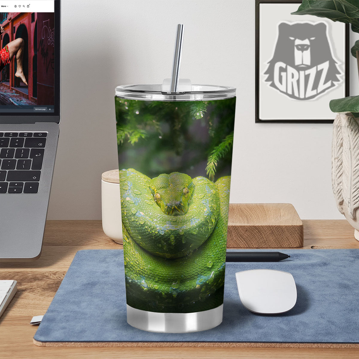 Python Snake Green Tree Print Tumbler-grizzshop