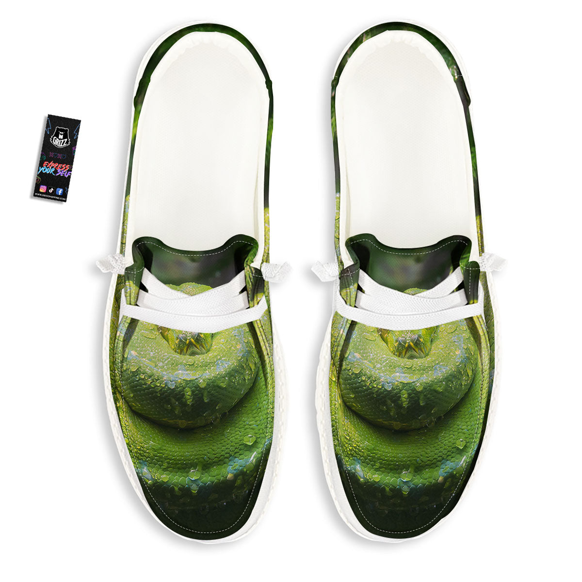 Python Snake Green Tree Print White Loafers-grizzshop