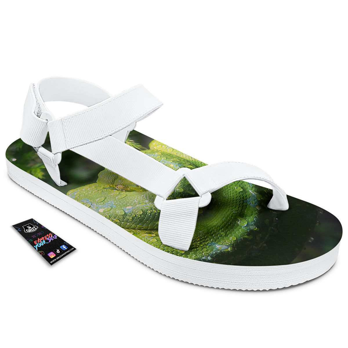 Python Snake Green Tree Print White Open Toe Sandals-grizzshop