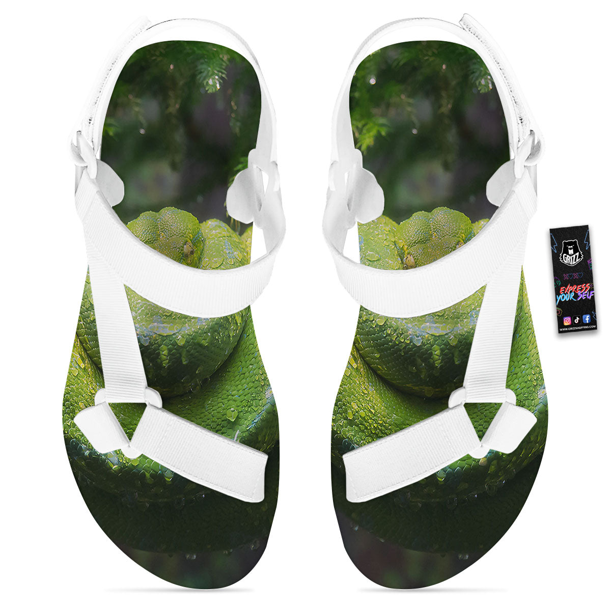 Python Snake Green Tree Print White Open Toe Sandals-grizzshop