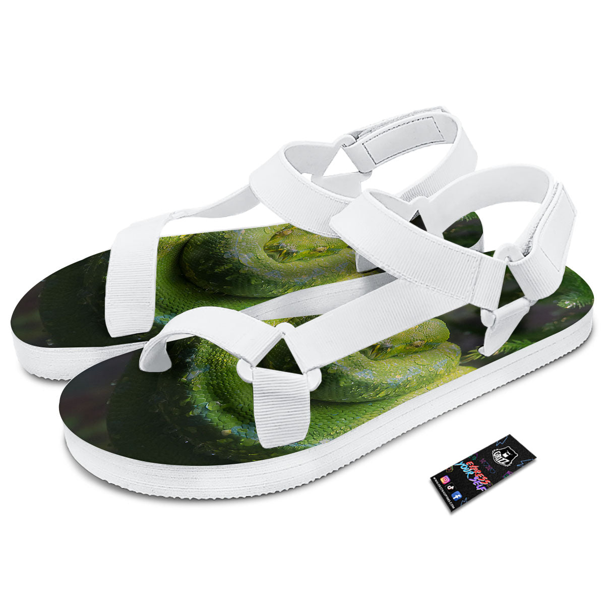 Python Snake Green Tree Print White Open Toe Sandals-grizzshop