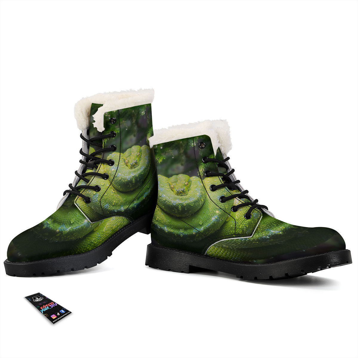 Python Snake Green Tree Print Winter Boots-grizzshop