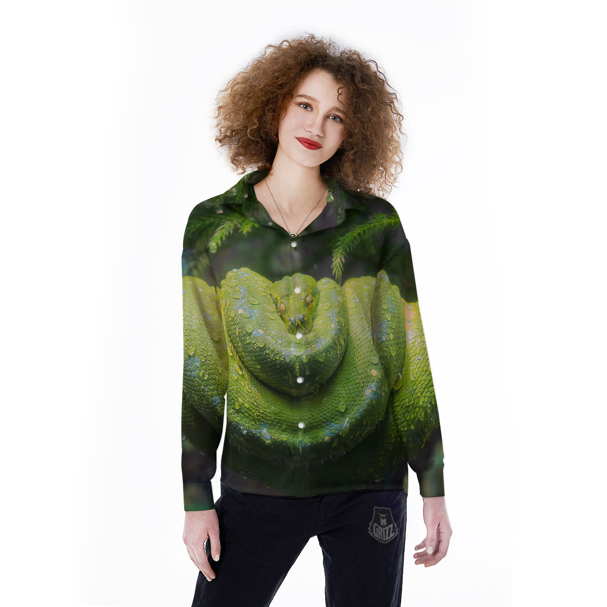Python Snake Green Tree Print Women's Long Sleeve Shirts-grizzshop