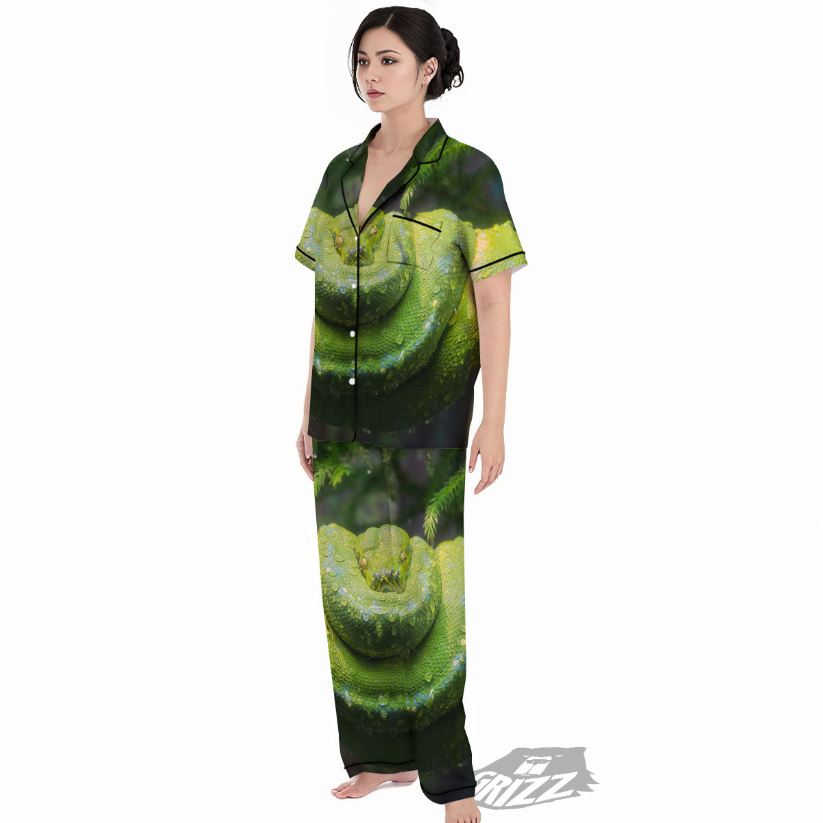 Python Snake Green Tree Print Women's Pajamas Set-grizzshop