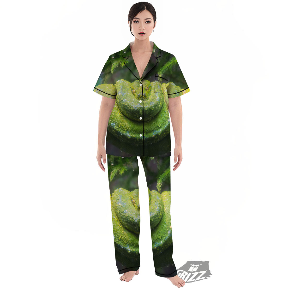 Python Snake Green Tree Print Women's Pajamas Set-grizzshop