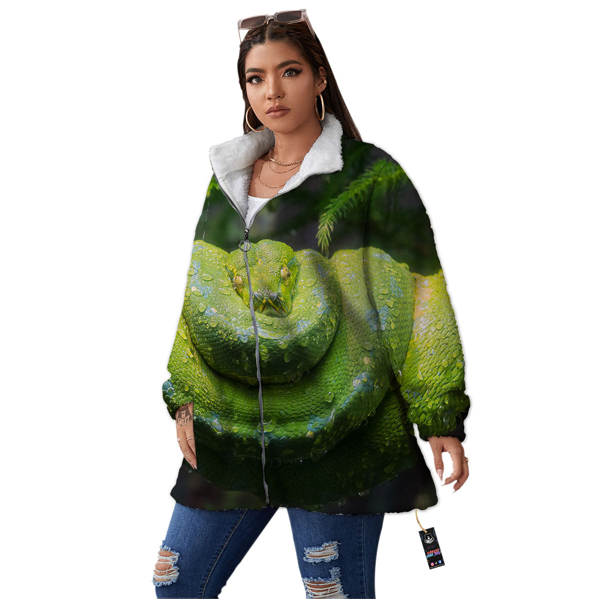 Python Snake Green Tree Print Women's Sherpa Jacket-grizzshop