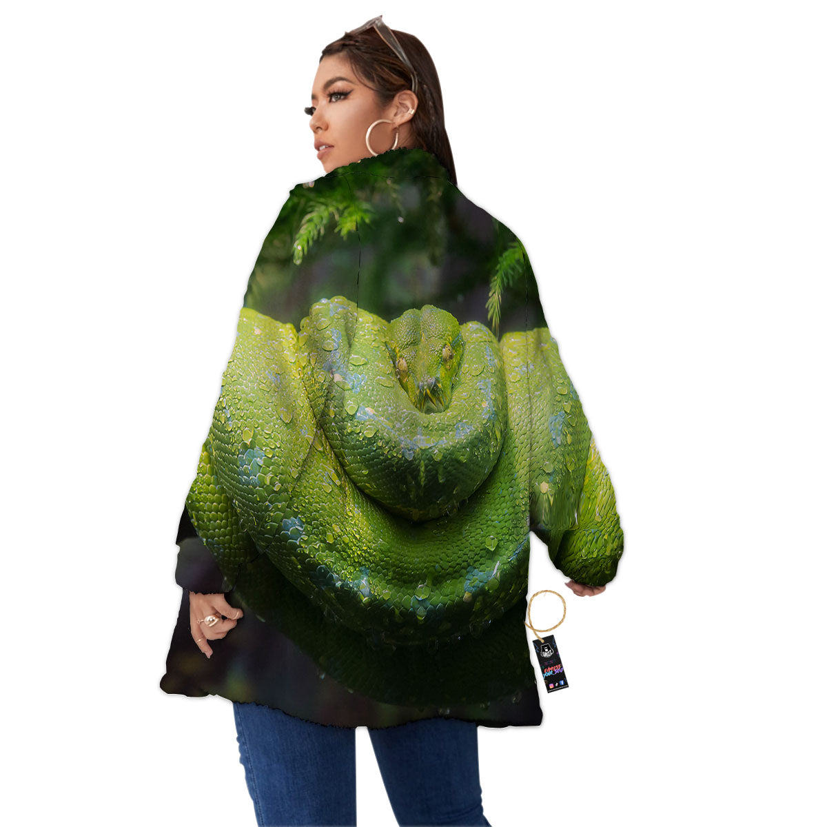 Python Snake Green Tree Print Women's Sherpa Jacket-grizzshop
