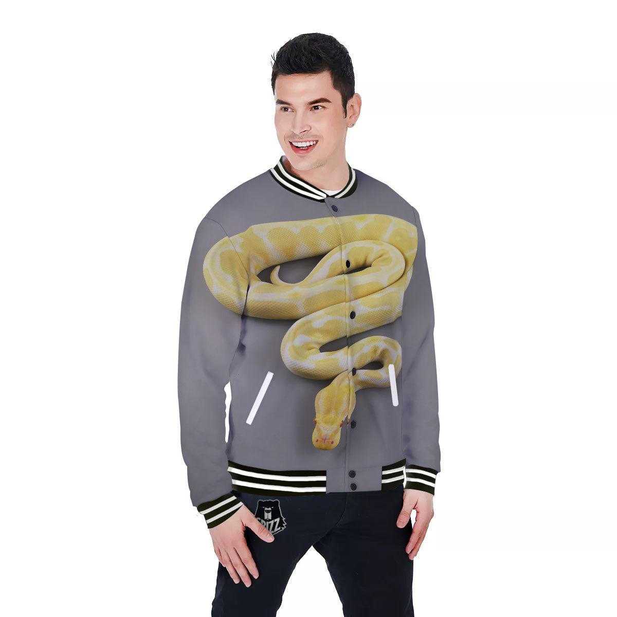 Python Snake Yellow And White Print Baseball Jacket-grizzshop