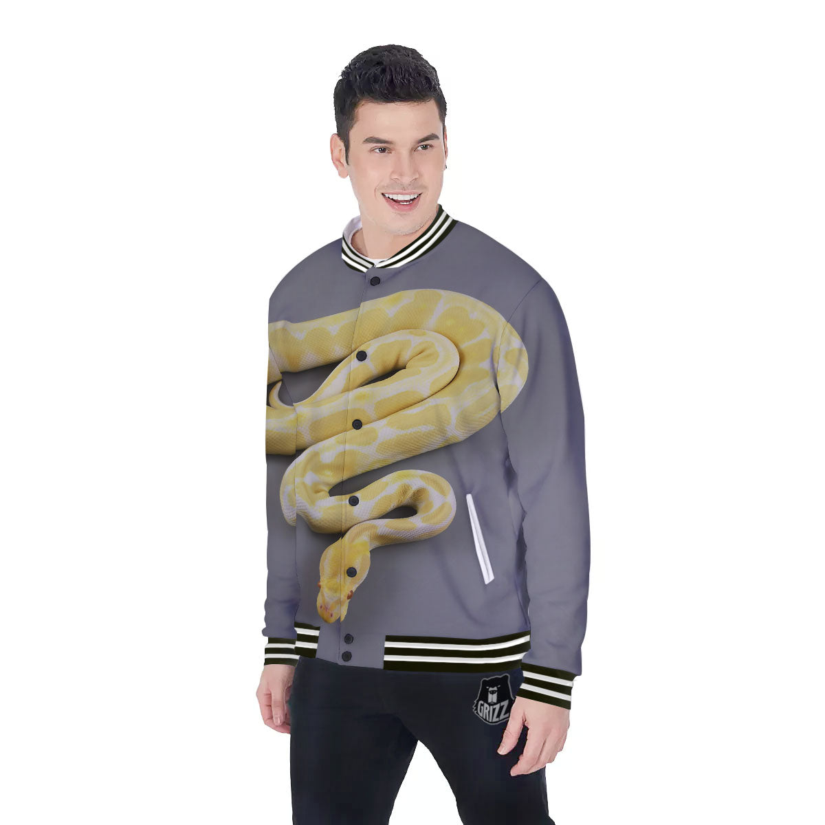 Python Snake Yellow And White Print Baseball Jacket-grizzshop