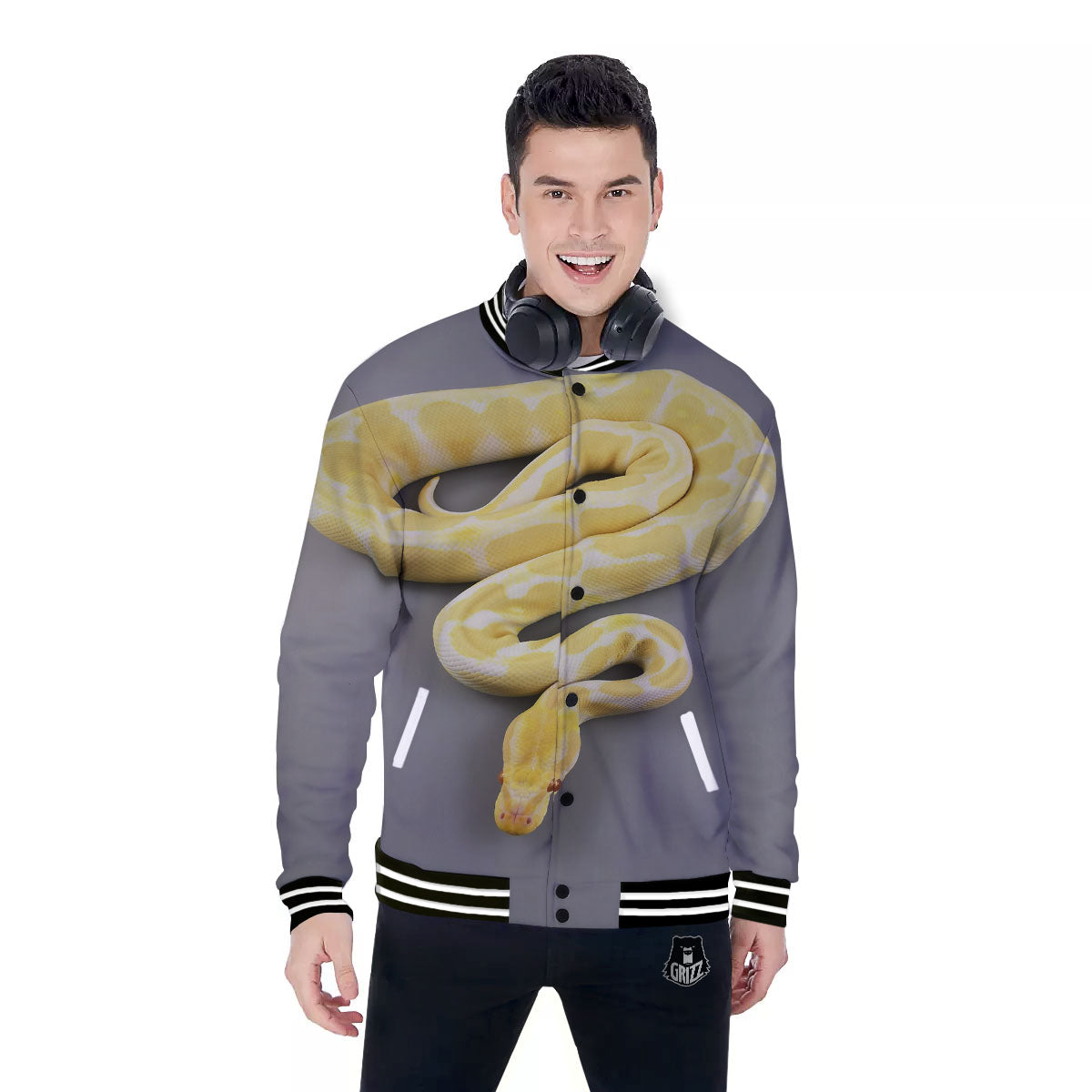 Python Snake Yellow And White Print Baseball Jacket-grizzshop