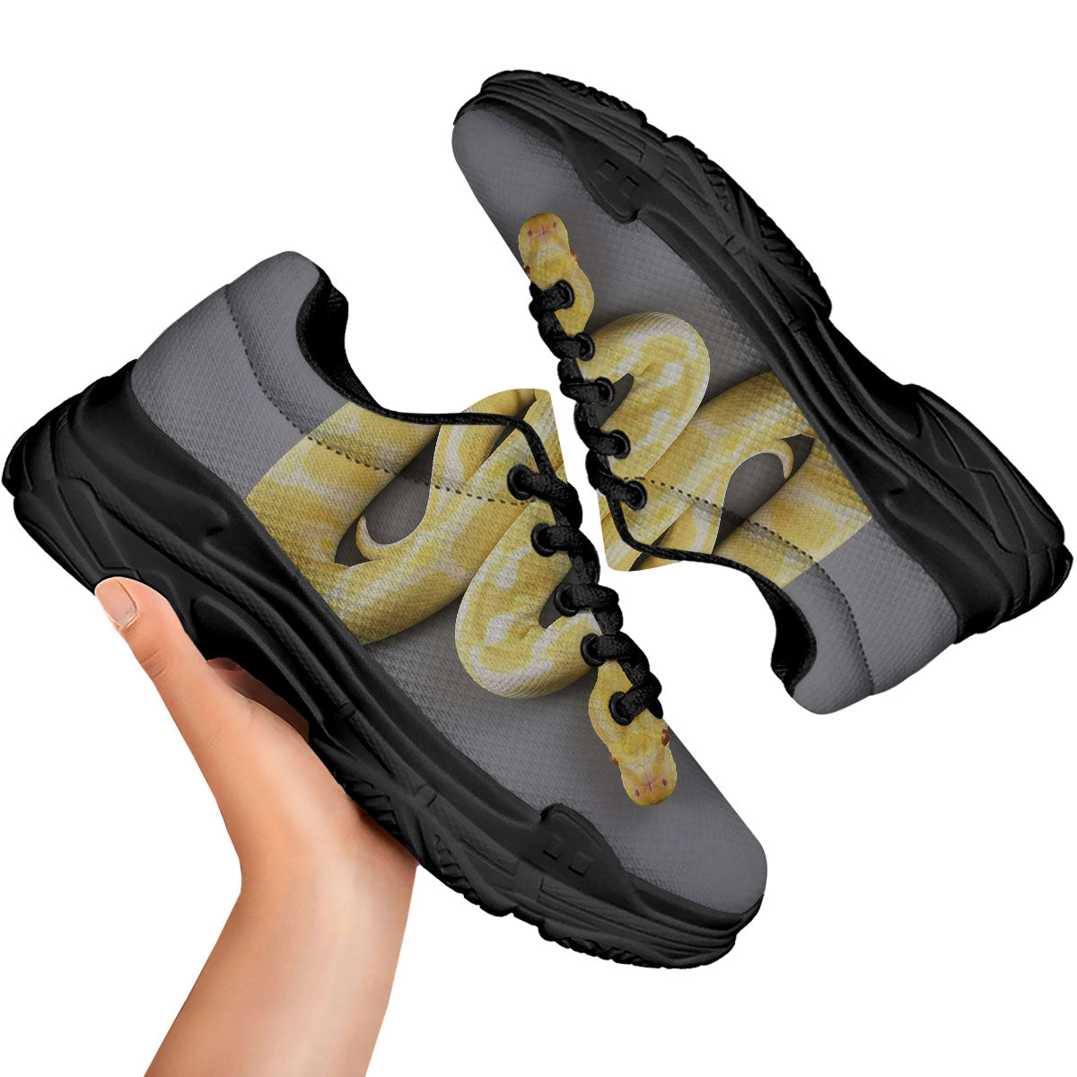 Python Snake Yellow And White Print Black Chunky Shoes-grizzshop