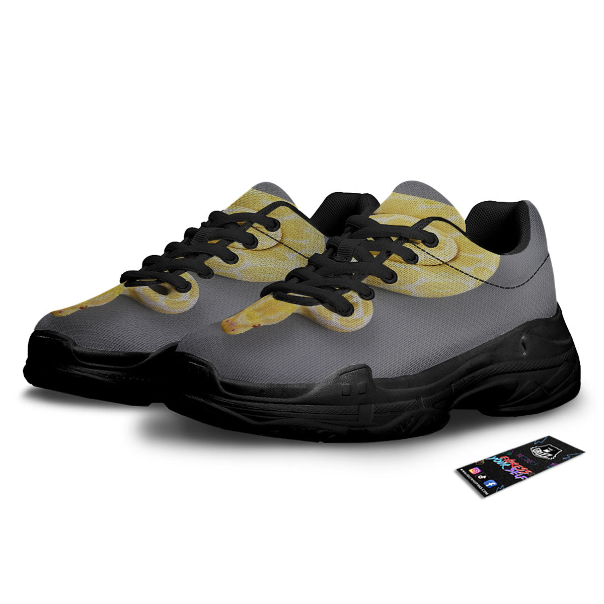 Python Snake Yellow And White Print Black Chunky Shoes-grizzshop