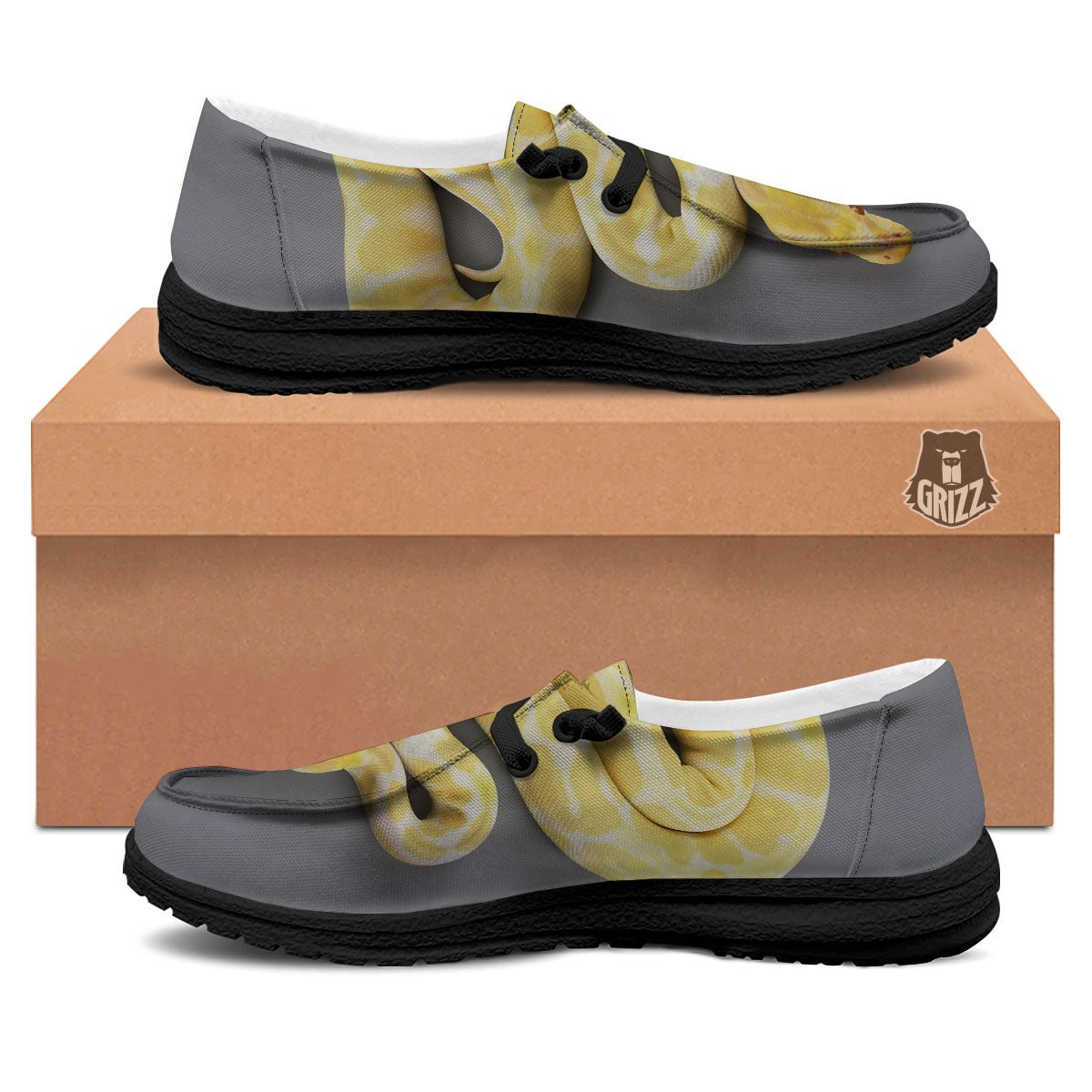 Python Snake Yellow And White Print Black Loafers-grizzshop