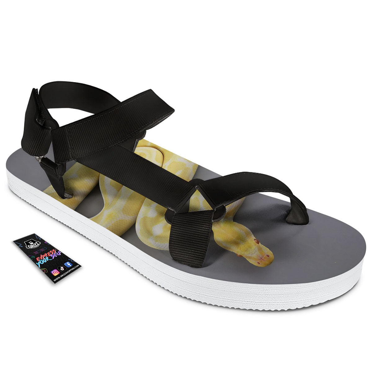 Python Snake Yellow And White Print Black Open Toe Sandals-grizzshop