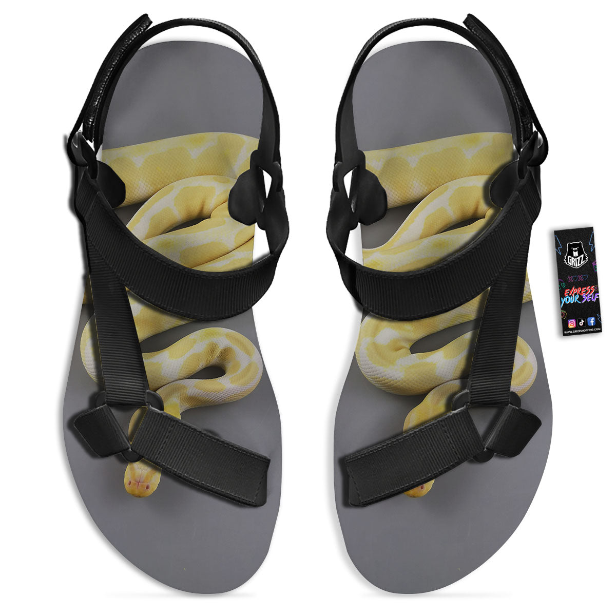 Python Snake Yellow And White Print Black Open Toe Sandals-grizzshop
