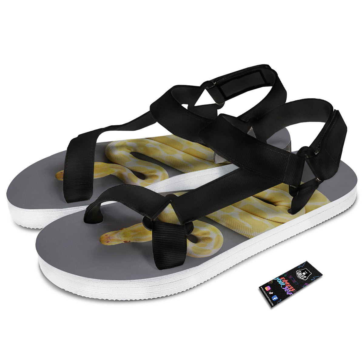 Python Snake Yellow And White Print Black Open Toe Sandals-grizzshop