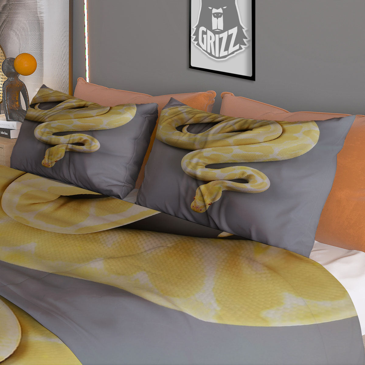Python Snake Yellow And White Print Duvet Cover Bedding Set