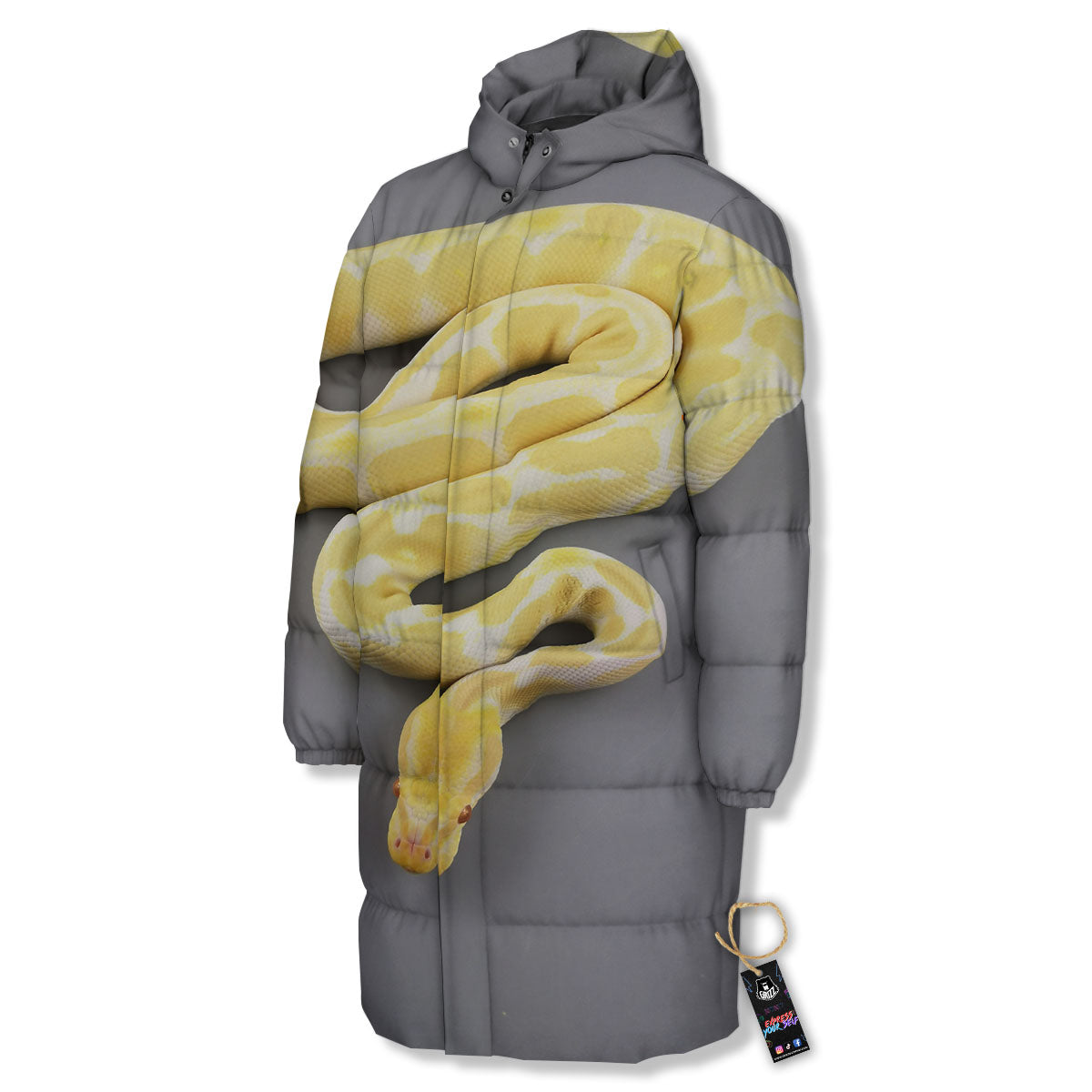 Python Snake Yellow And White Print Long Down Jacket-grizzshop