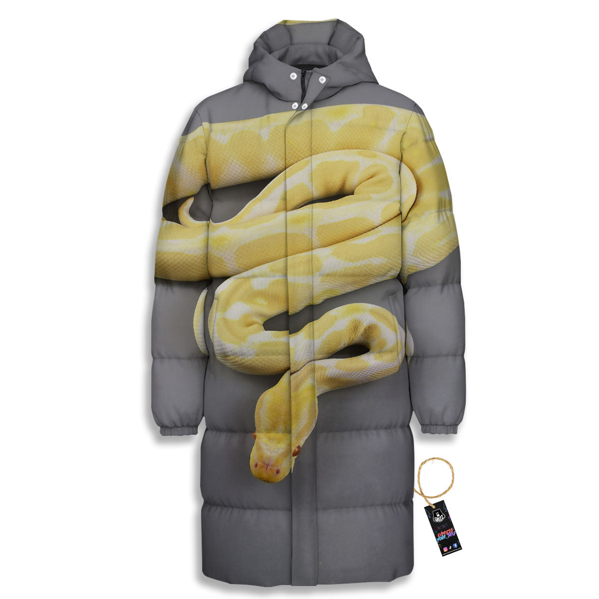 Python Snake Yellow And White Print Long Down Jacket-grizzshop