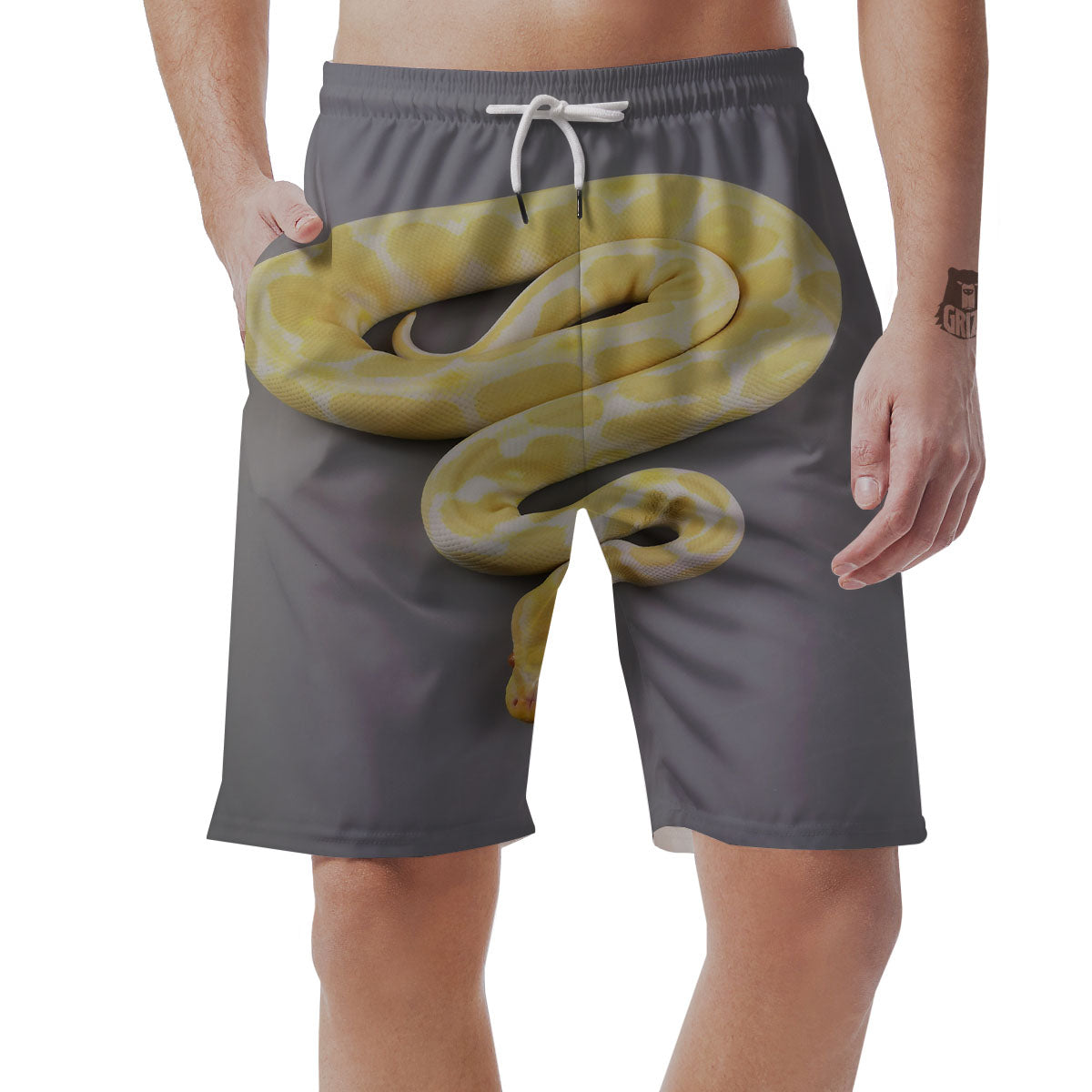 Python Snake Yellow And White Print Men's Shorts-grizzshop