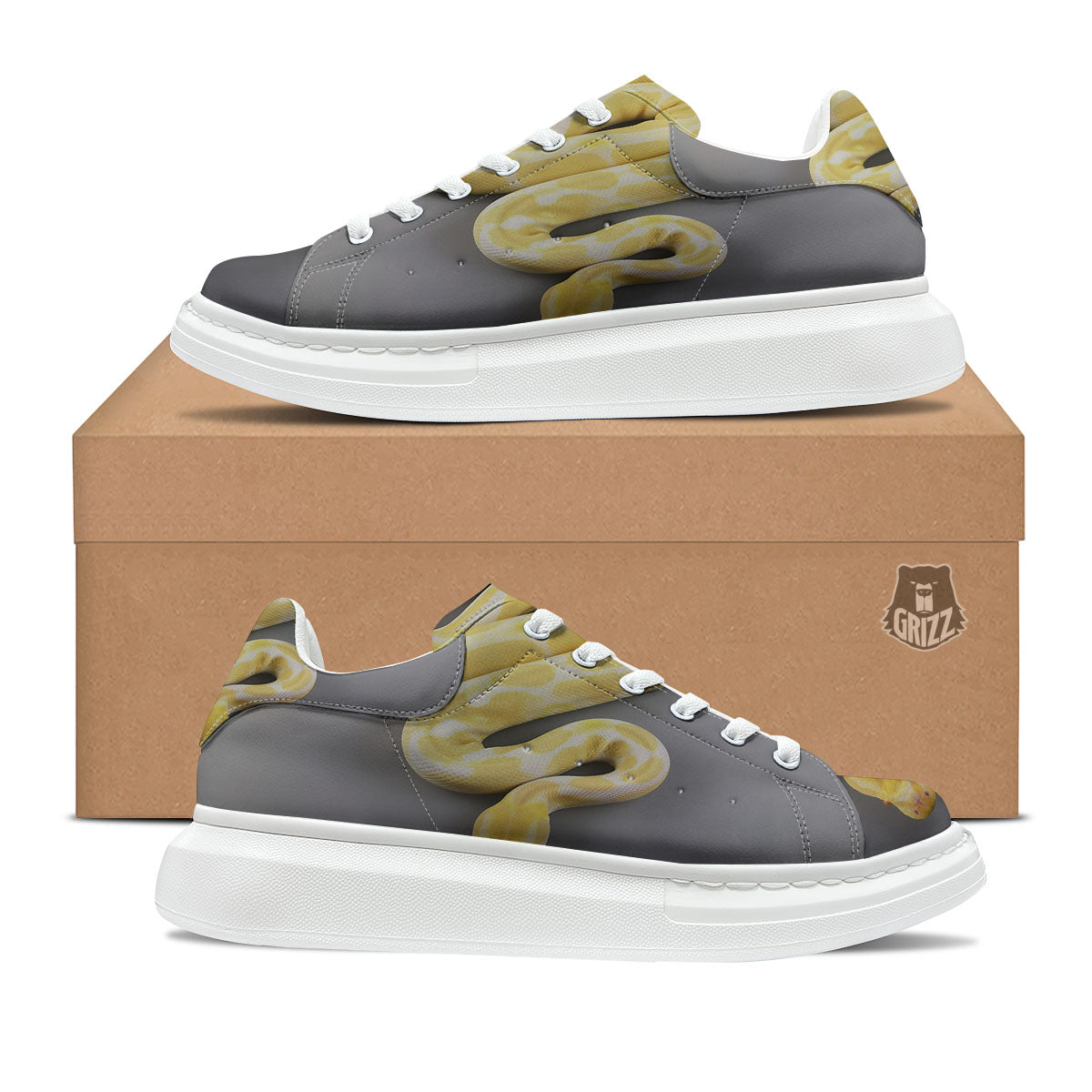 Python Snake Yellow And White Print Platform Shoes-grizzshop