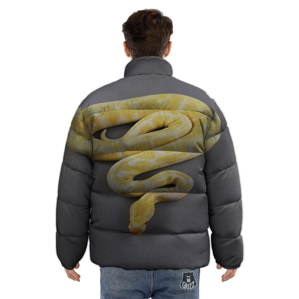 Python Snake Yellow And White Print Puffer Jacket-grizzshop
