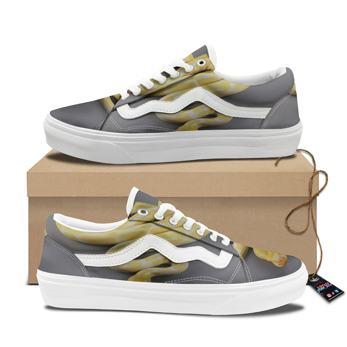 Python Snake Yellow And White Print Skate Shoes-grizzshop