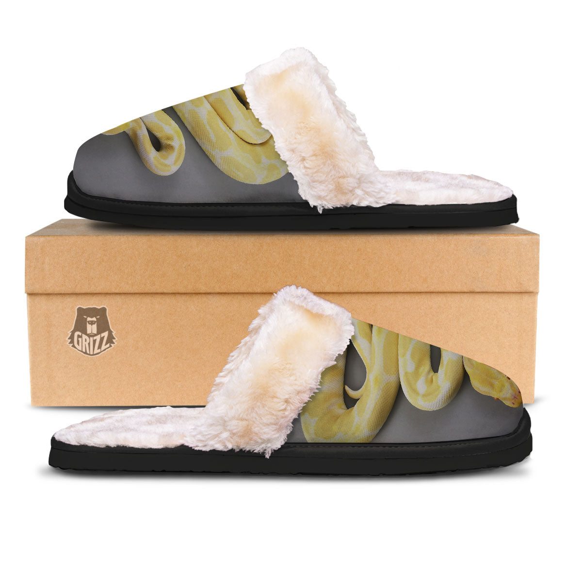 Python Snake Yellow And White Print Slippers-grizzshop