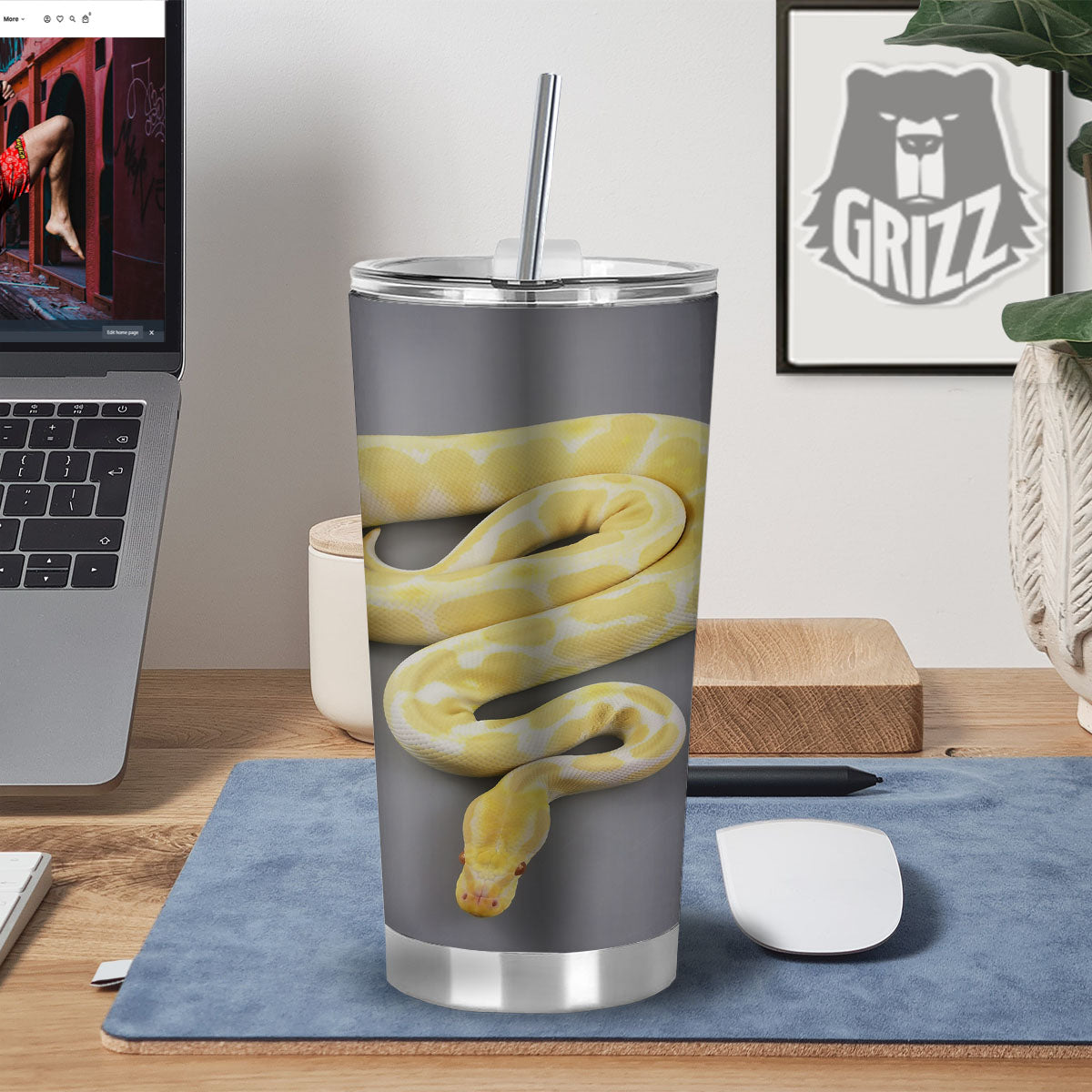 Python Snake Yellow And White Print Tumbler-grizzshop