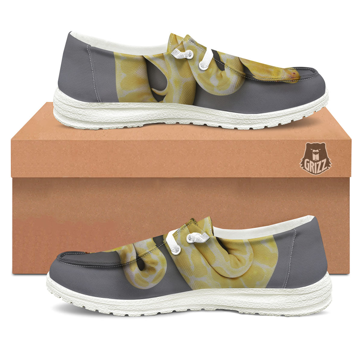 Python Snake Yellow And White Print White Loafers-grizzshop