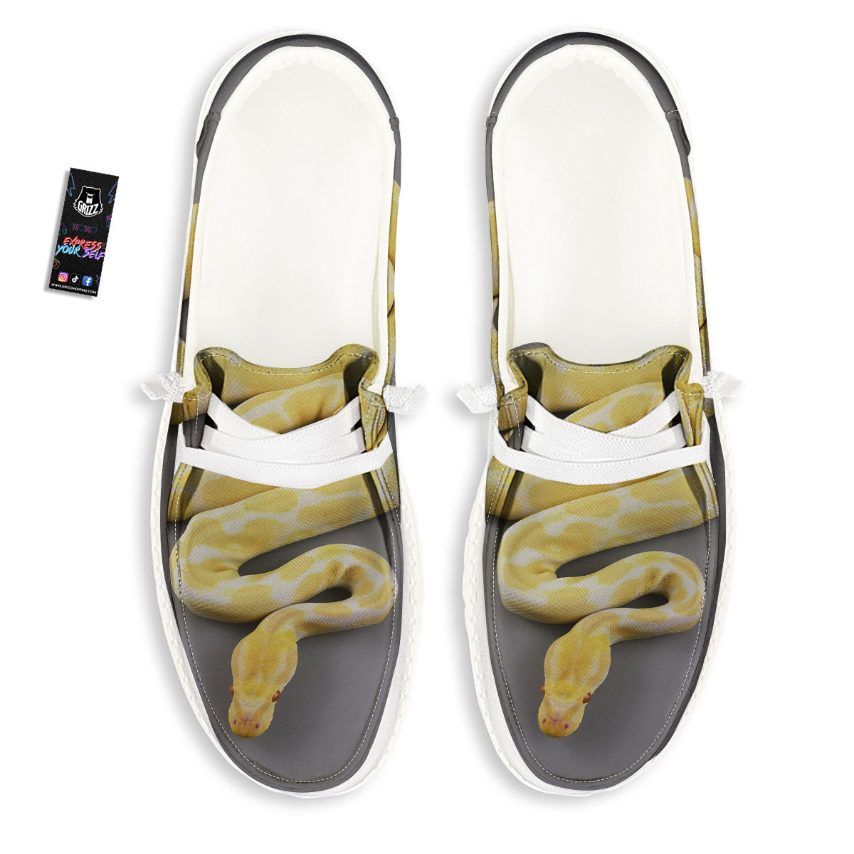 Python Snake Yellow And White Print White Loafers-grizzshop