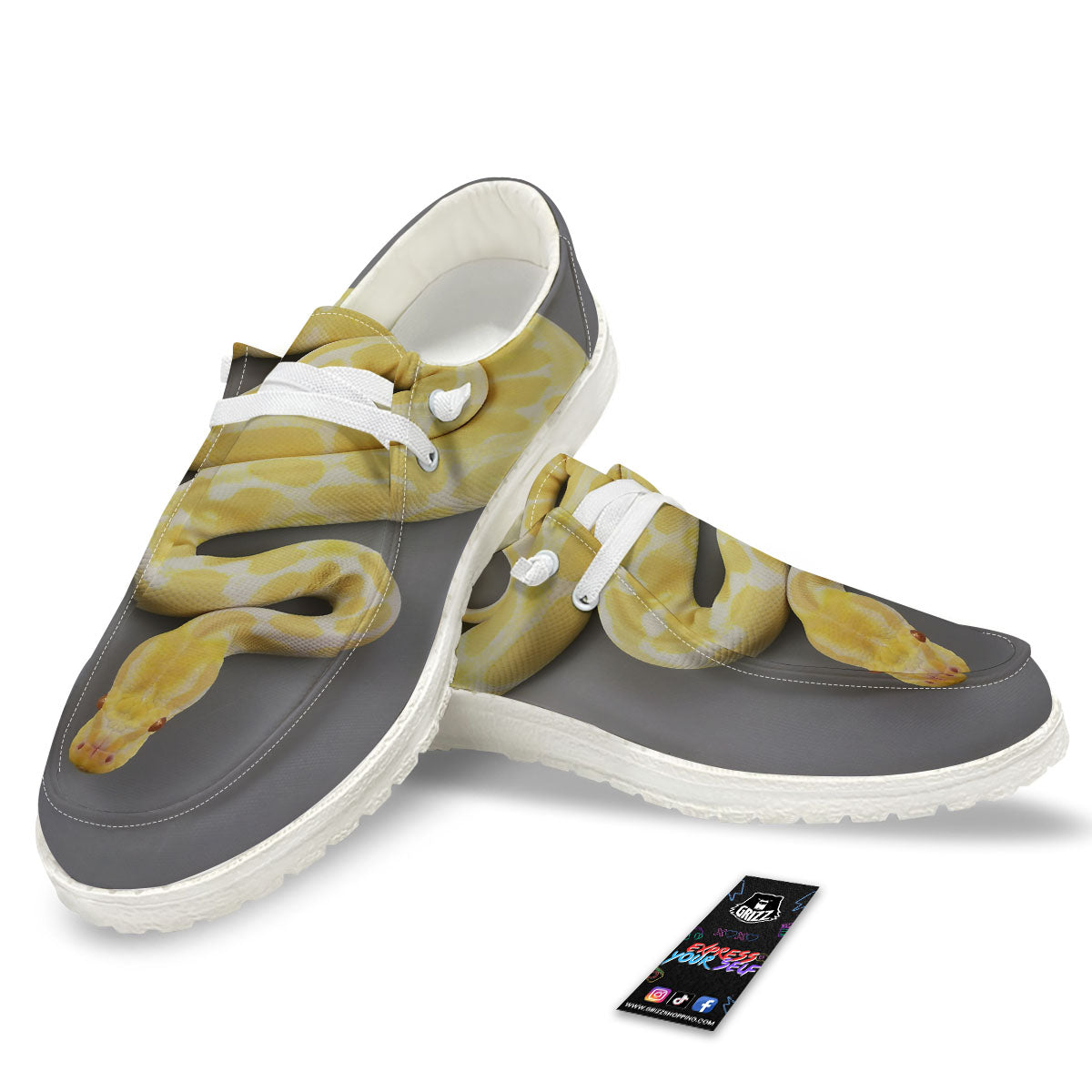 Python Snake Yellow And White Print White Loafers-grizzshop