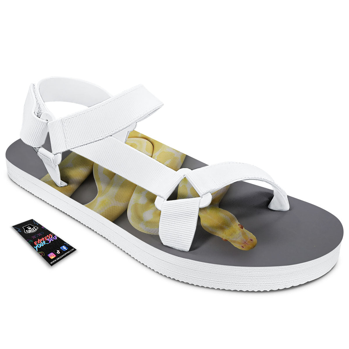 Python Snake Yellow And White Print White Open Toe Sandals-grizzshop