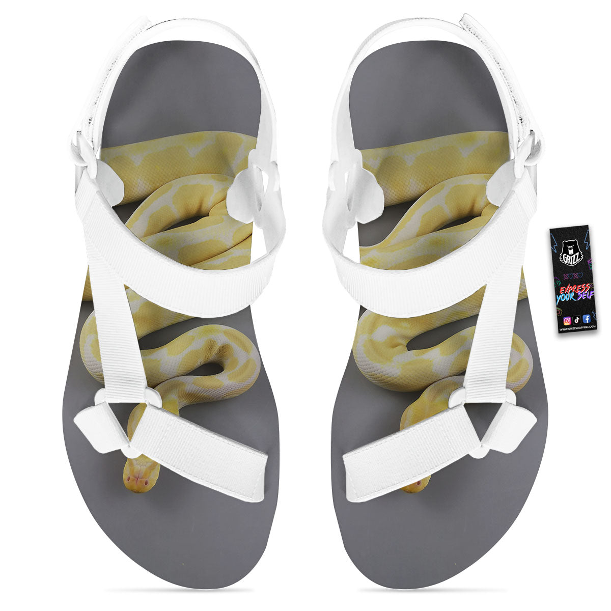 Python Snake Yellow And White Print White Open Toe Sandals-grizzshop