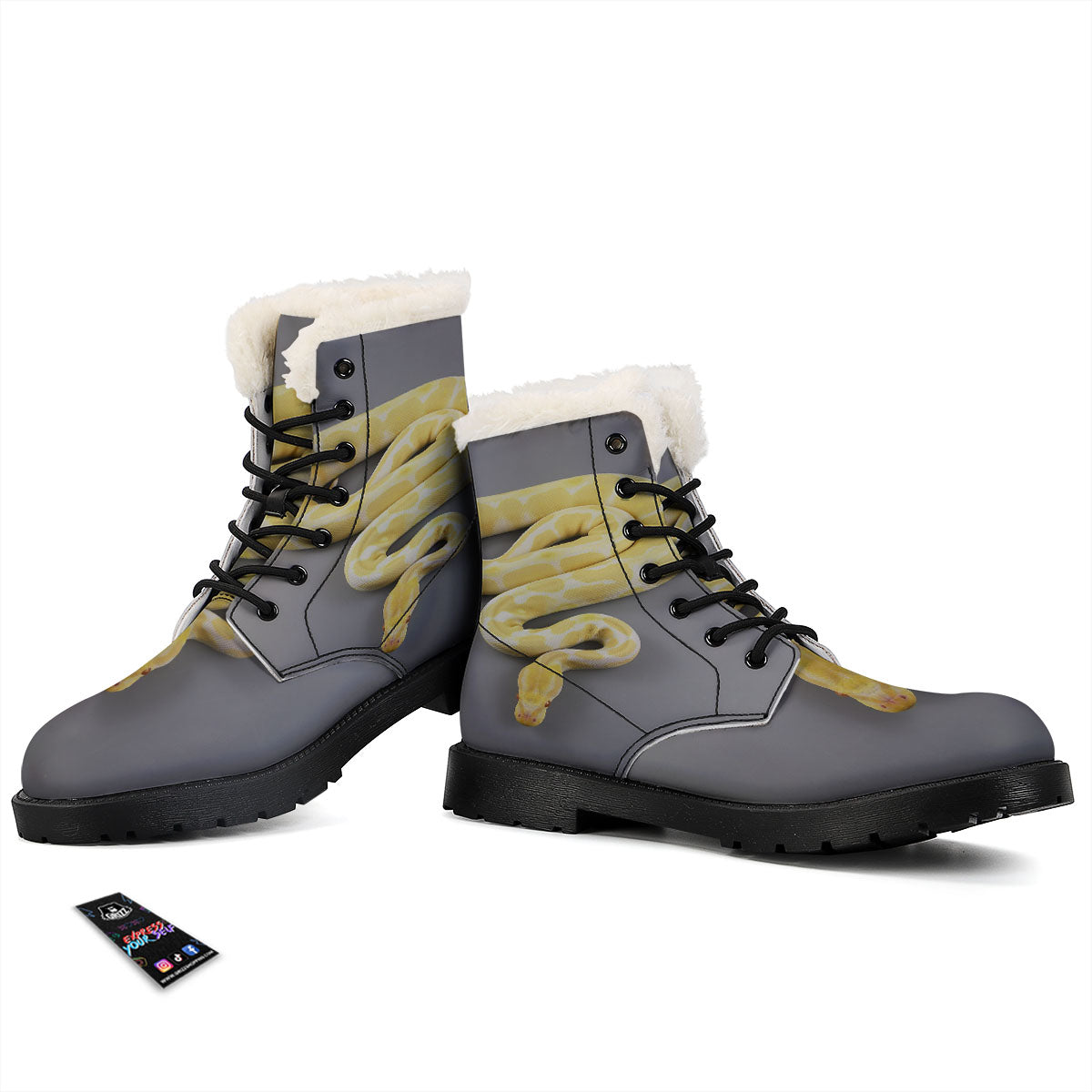 Python Snake Yellow And White Print Winter Boots-grizzshop