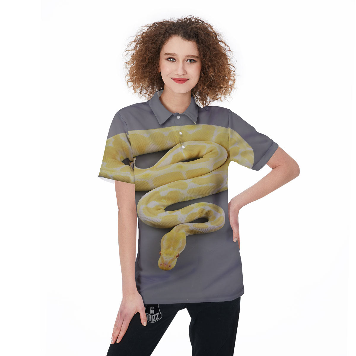Python Snake Yellow And White Print Women's Golf Shirts-grizzshop