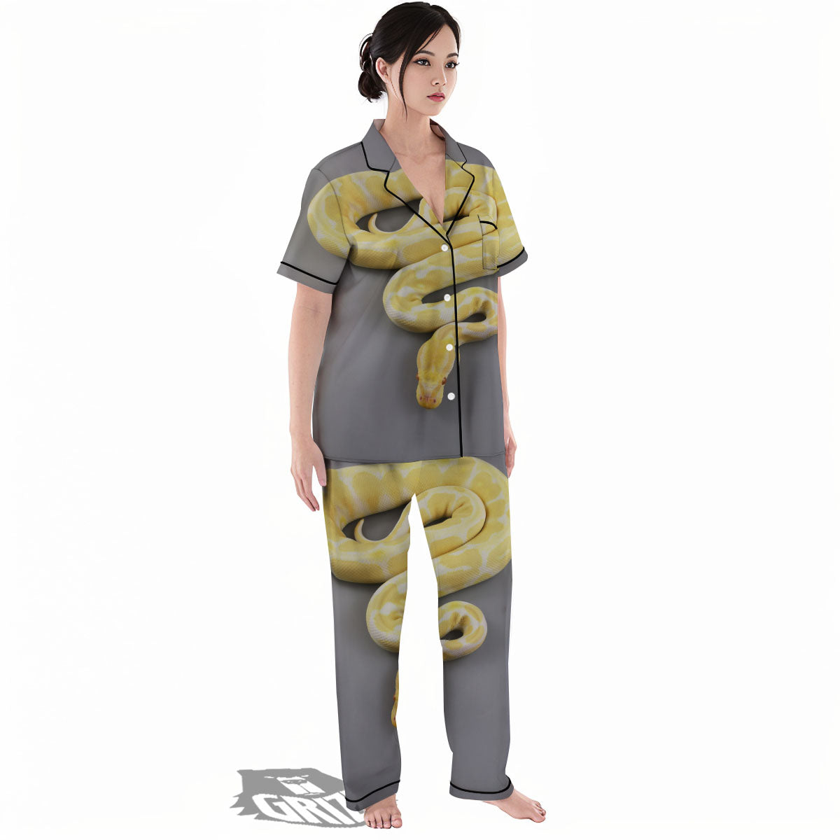 Python Snake Yellow And White Print Women's Pajamas Set-grizzshop