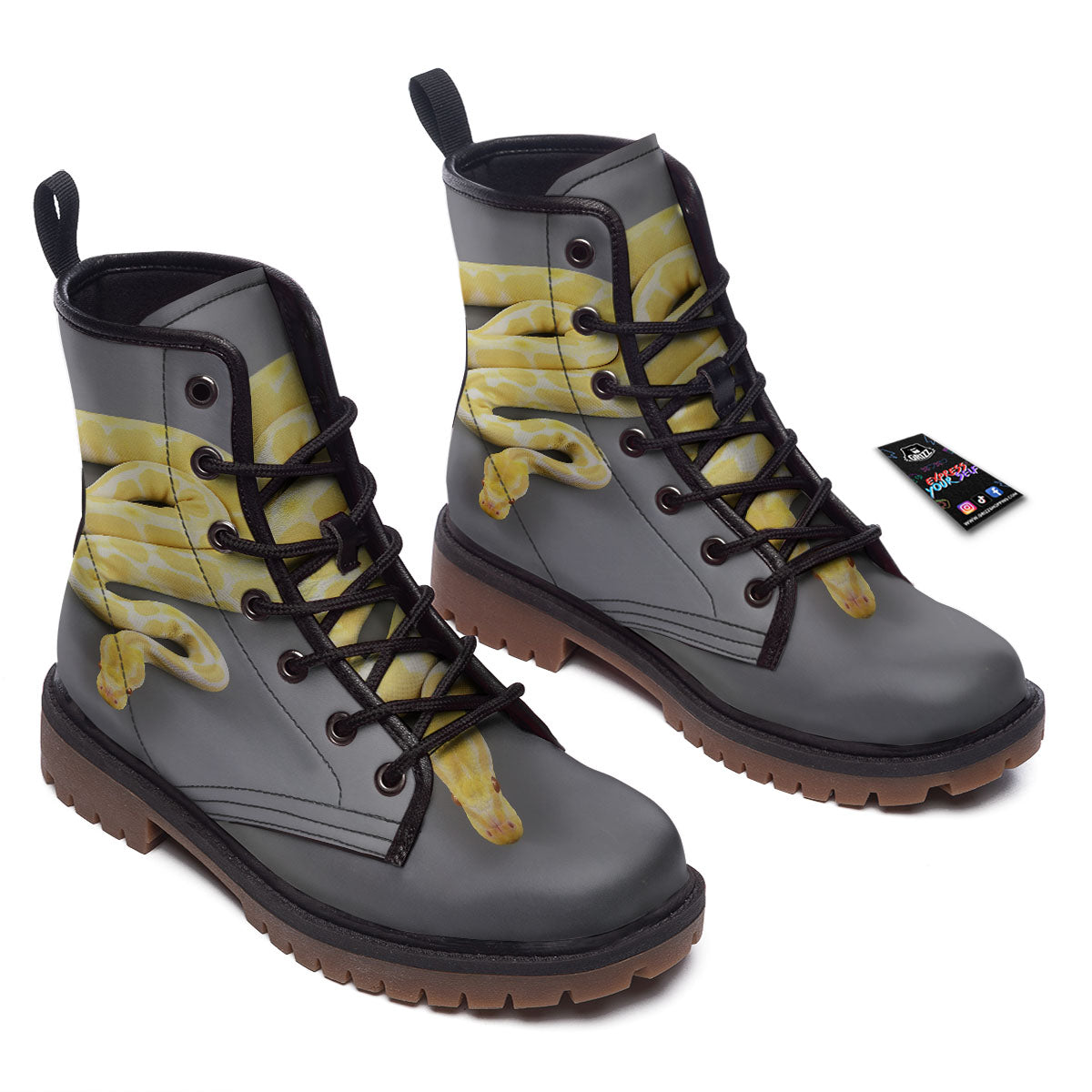 Python Snake Yellow And White Print Work Boots-grizzshop