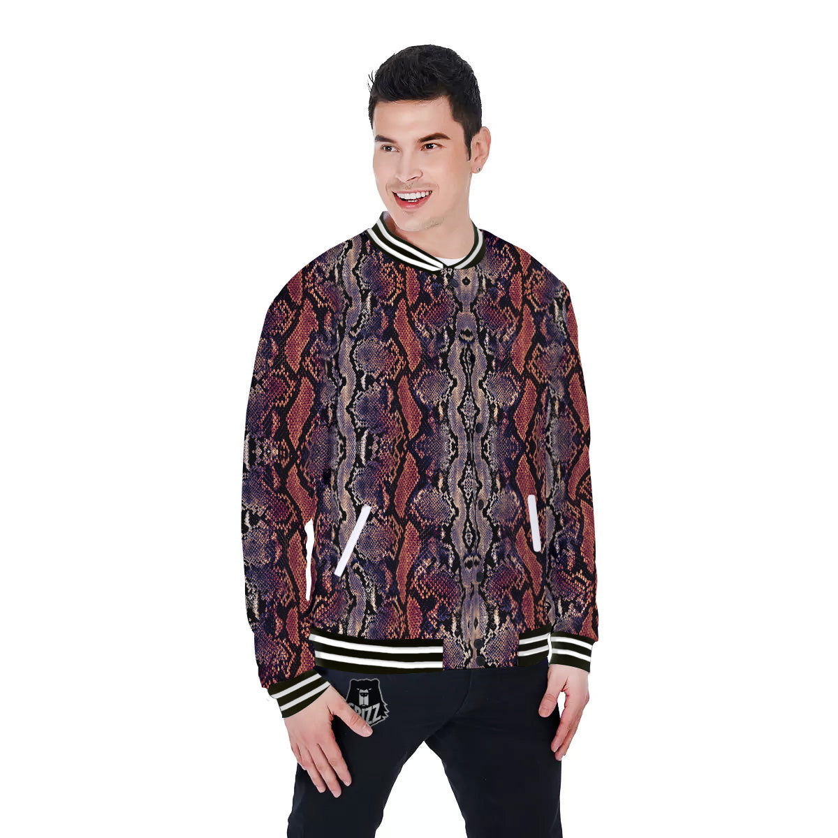 Python Snakeskin Brick Red Print Baseball Jacket-grizzshop