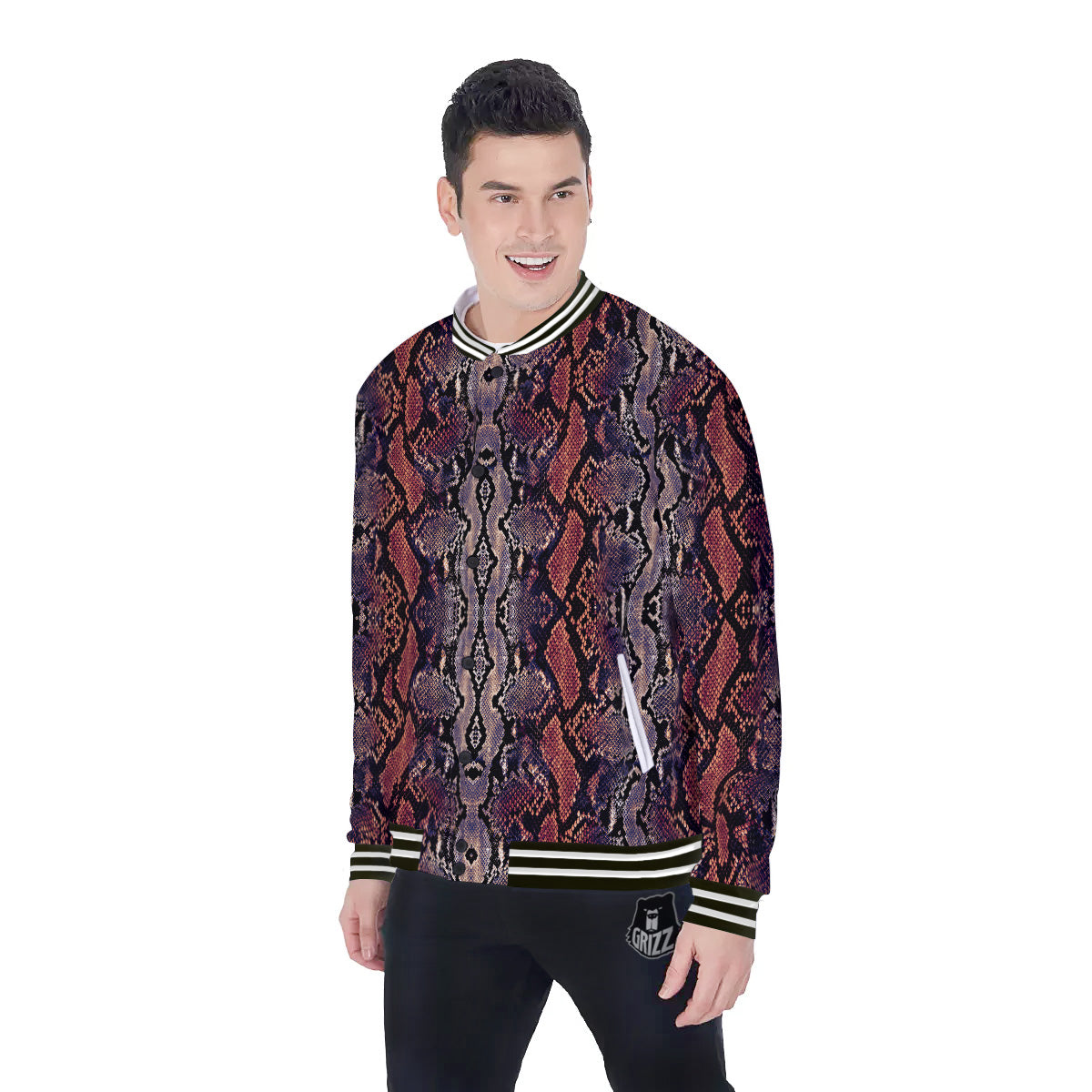 Python Snakeskin Brick Red Print Baseball Jacket-grizzshop