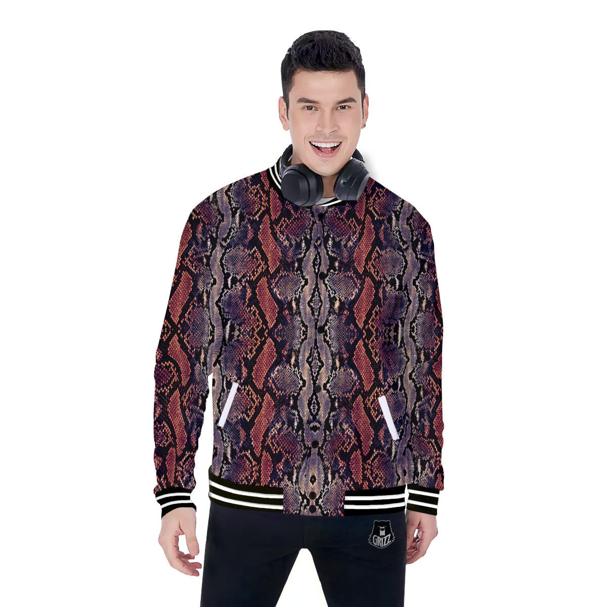 Python Snakeskin Brick Red Print Baseball Jacket-grizzshop
