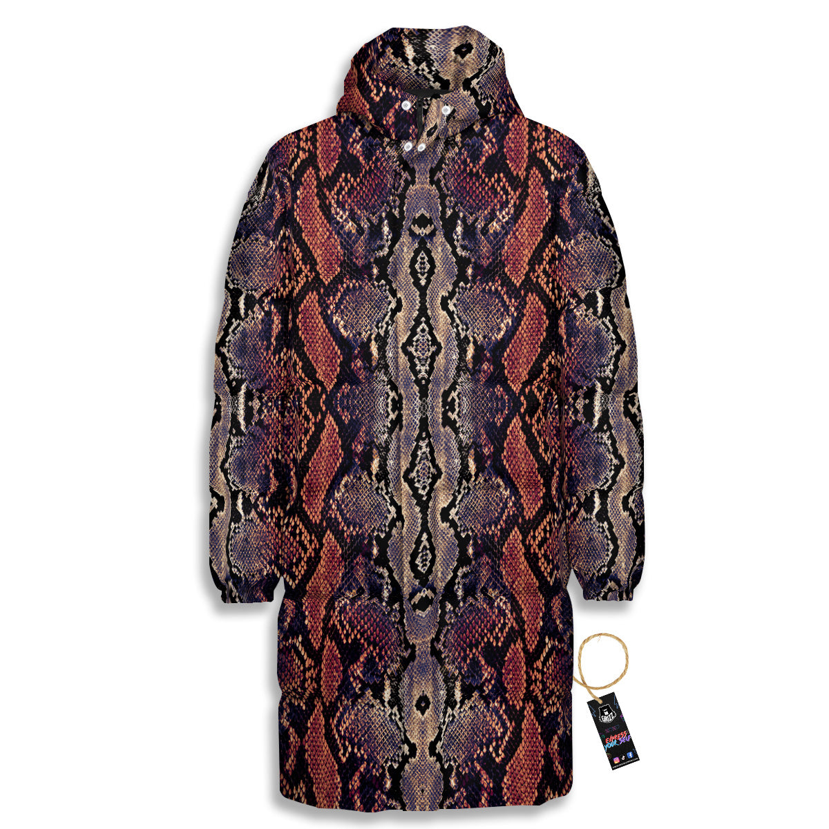 Python Snakeskin Brick Red Print Long Down Jacket-grizzshop