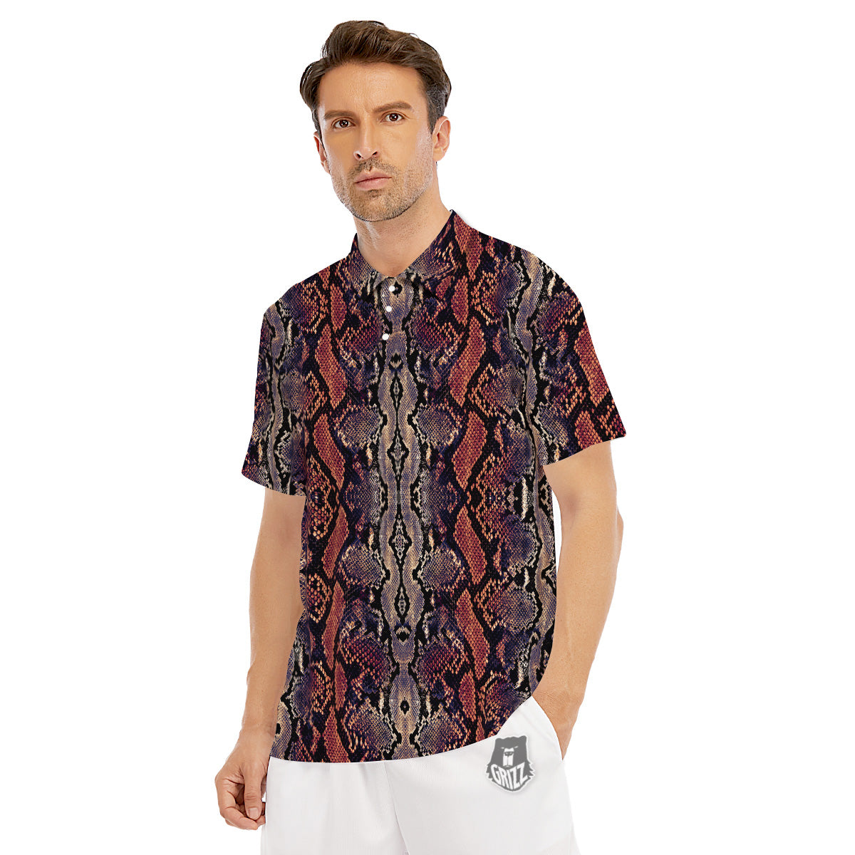 Python Snakeskin Brick Red Print Men's Golf Shirts-grizzshop