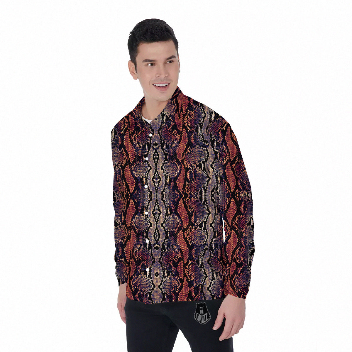 Python Snakeskin Brick Red Print Men's Long Sleeve Shirts-grizzshop